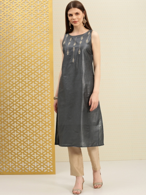 

House of Pataudi Women Grey Woven Design A-Line Kurta