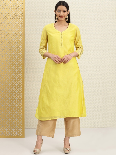 

House of Pataudi Women Yellow Solid A-Line Kurta