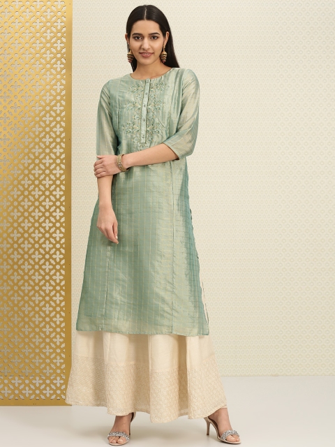 

House of Pataudi Women Green & Gold-Coloured Embroidered Checked Straight Kurta