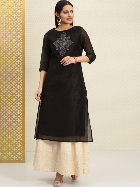 

House of Pataudi Women Black Yoke Design Straight Kurta