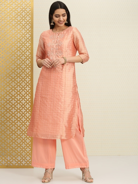 

House of Pataudi Women Peach Embroidered Checked Straight Kurta