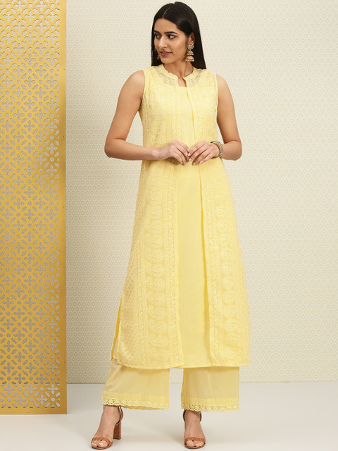 

House of Pataudi Women Yellow Embroidered A-line Layered Kurta Set