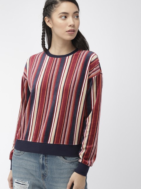 

FOREVER 21 Women Maroon & Navy Blue Striped Ligntweight Velvet Sweatshirt