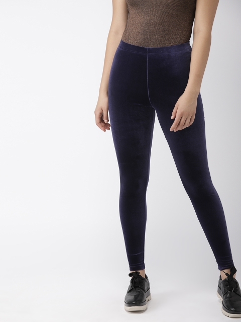 

Forever 21 Women Navy Blue Solid Velvet Leggings