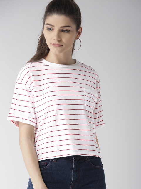 

FOREVER 21 Women White & Red Striped Round Neck T-shirt