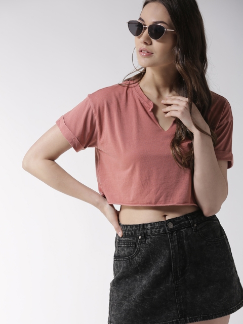 

FOREVER 21 Women Pink Solid Boxy Crop Top