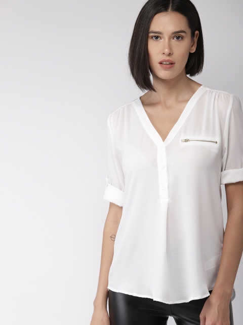 

FOREVER 21 Women White Solid Semi-Sheer Shirt Style Top
