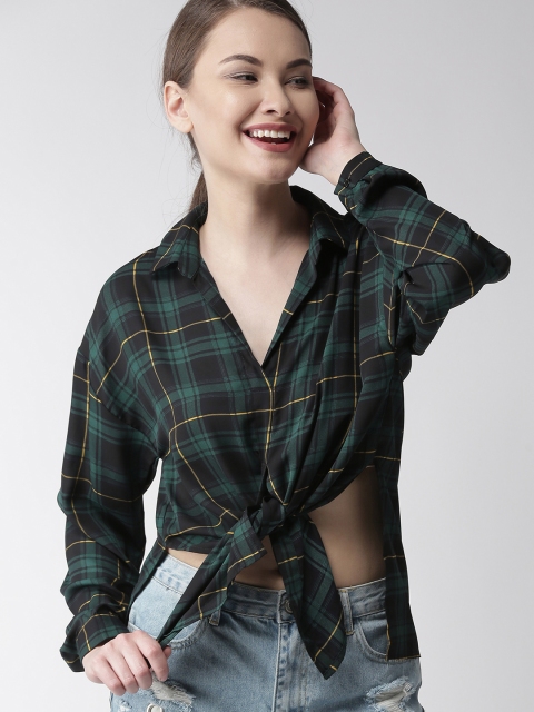 

FOREVER 21 Women Green & Black Checked Front Tie-Up Shirt Style Top