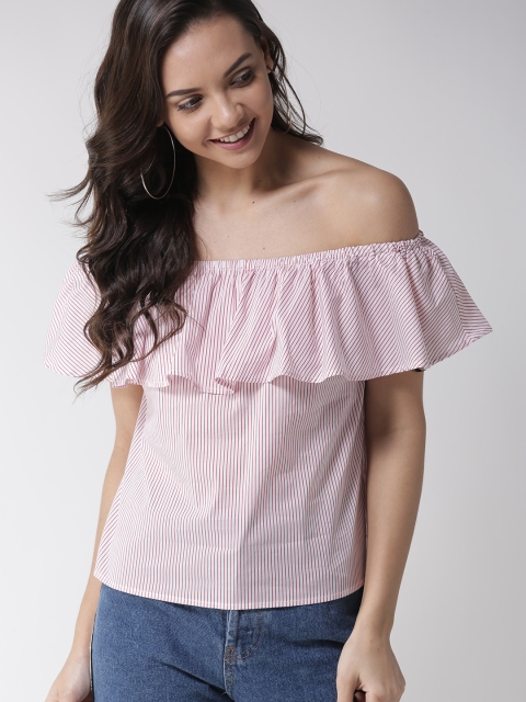 

FOREVER 21 Women White & Red Striped Layered Bardot Top