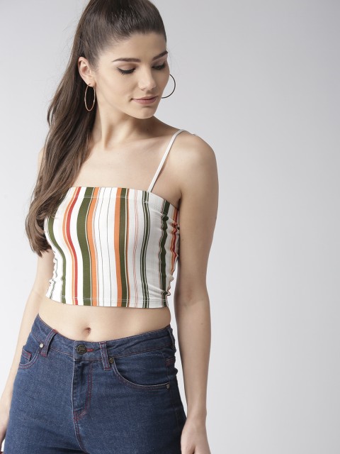 

FOREVER 21 Women White & Olive Green Striped Fitted Crop Top