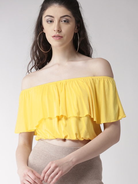 

FOREVER 21 Women Yellow Solid Layered Bardot Crop Top