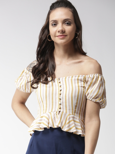 

FOREVER 21 Women Off-White & Mustard Yellow Striped Bardot Top