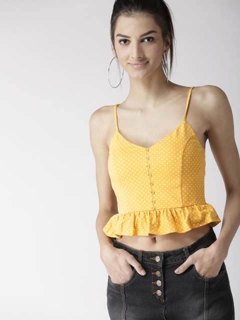 

FOREVER 21 Women Yellow & White Printed Cropped Fitted Top
