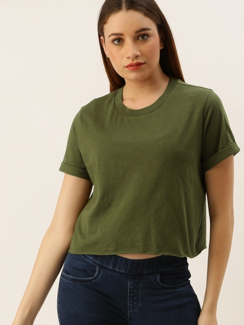 

FOREVER 21 Women Olive Green Solid Round Neck Cropped T-shirt