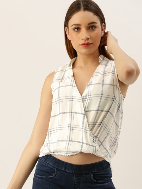 

FOREVER 21 Women White & Blue Checked Wrap Crop T-shirt