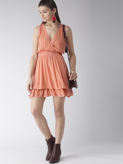 

FOREVER 21 Women Coral Orange Solid Wrap Dress