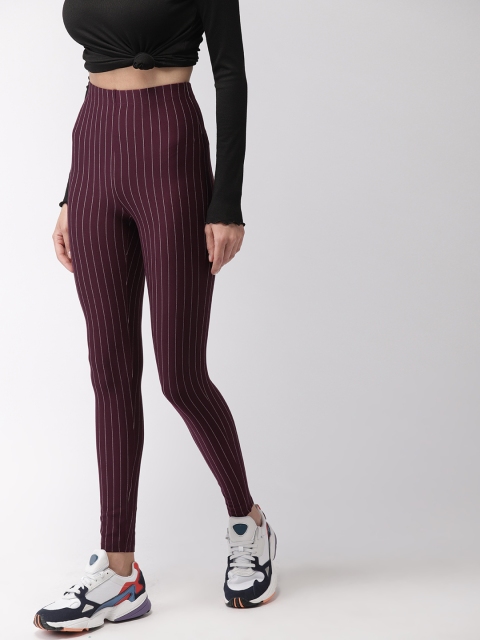 

FOREVER 21 Women Burgundy & White Striped High-Rise Ankle-Length Leggings