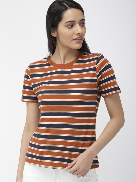 

FOREVER 21 Women Navy Blue & Rust Orange Striped Round Neck T-shirt