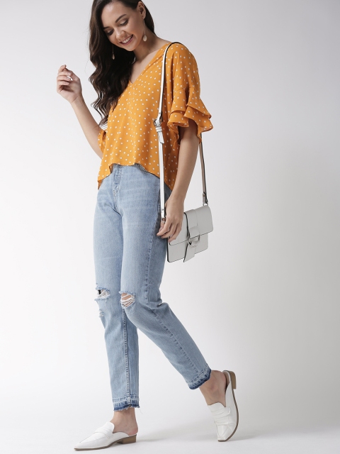 

FOREVER 21 Women Mustard Yellow & White Printed Styled Back Top
