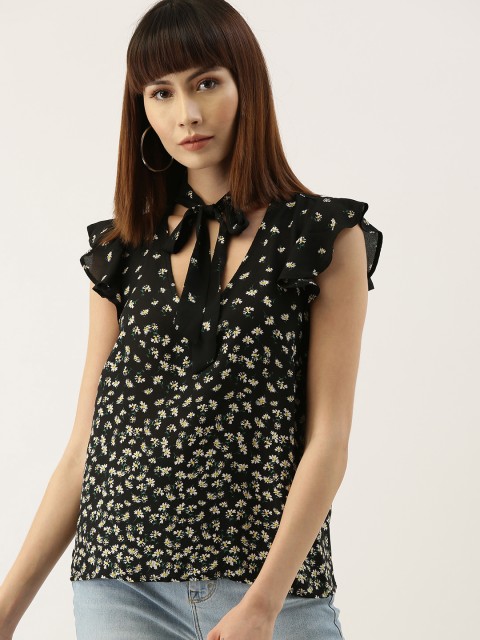 

FOREVER 21 Women Black & White Floral Printed Top with Tie-Ups