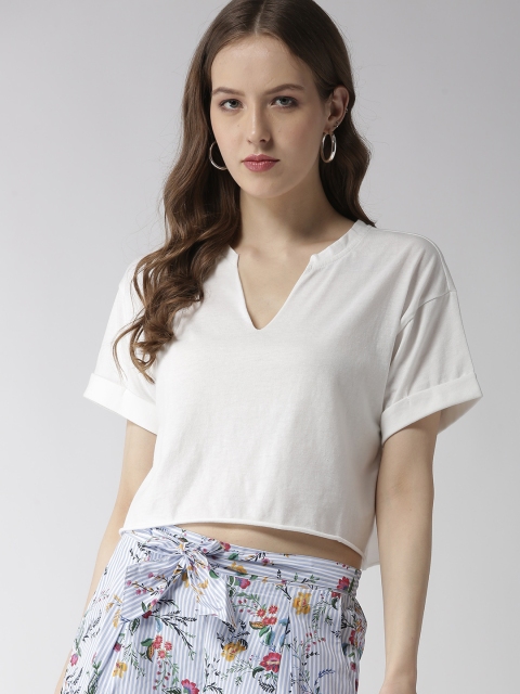 

FOREVER 21 Women White Solid Boxy Crop Top
