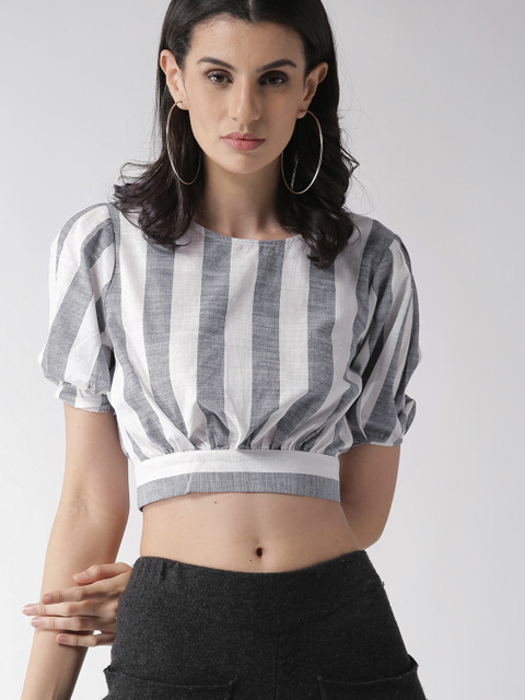 

FOREVER 21 Women Navy Blue & White Striped Styled Back Crop Pure Cotton Top
