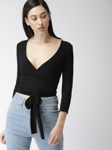 

FOREVER 21 Women Black Solid Wrap Crop Top