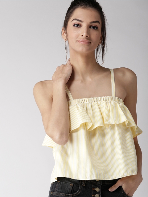 

FOREVER 21 Women Yellow & Off-White Striped Layered A-Line Top
