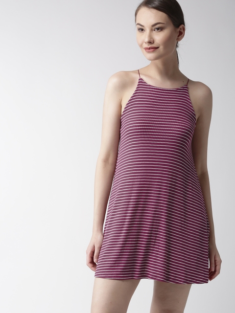 

FOREVER 21 Women Wine-Coloured & White Striped A-Line Dress, Purple