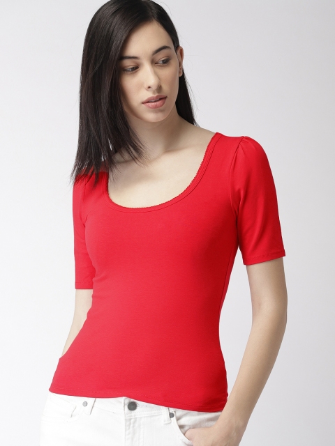 

FOREVER 21 Women Red Solid Scoop Neck T-shirt