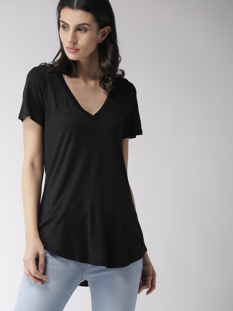 

FOREVER 21 Women Black Solid V-Neck T-shirt
