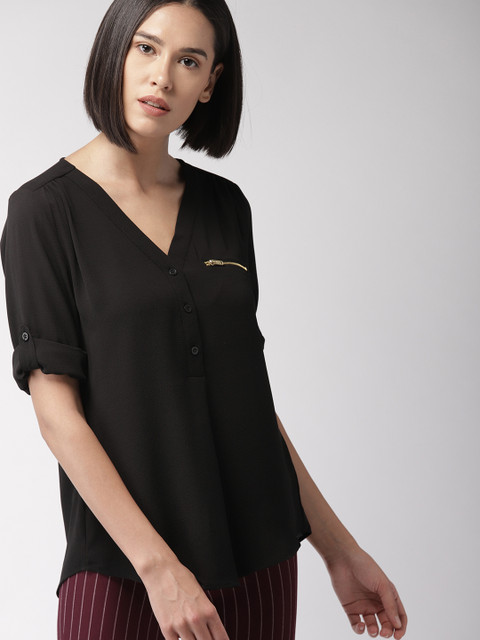 

FOREVER 21 Women Black Solid Shirt Style Top