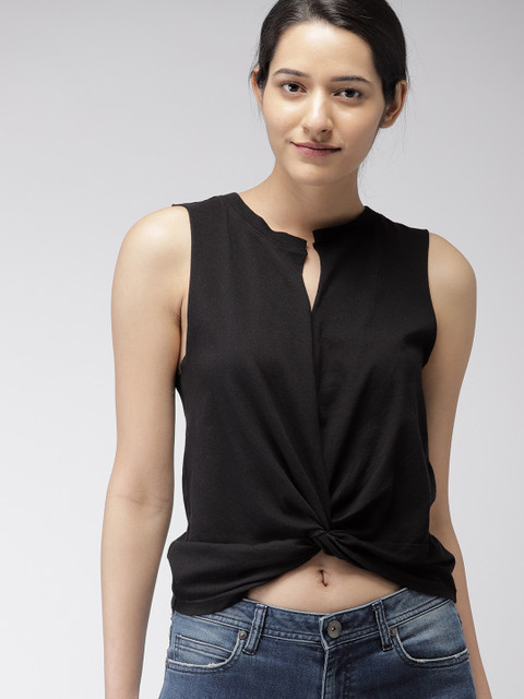 

FOREVER 21 Women Black Solid Cinched Waist Crop Top