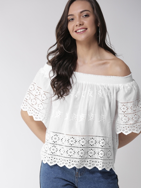 

FOREVER 21 Women White Schiffli Embroidered Bardot Top