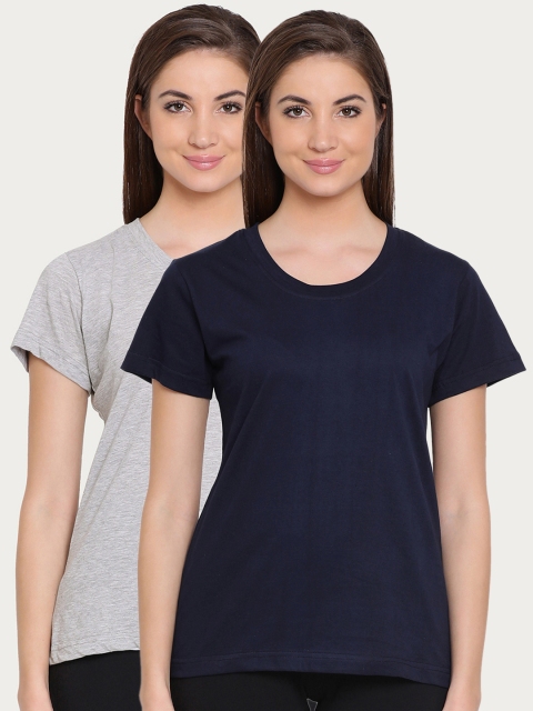 

Clovia Women Grey Solid Pack of 2 Cotton Rich Sleep Pure Cotton T-shirt