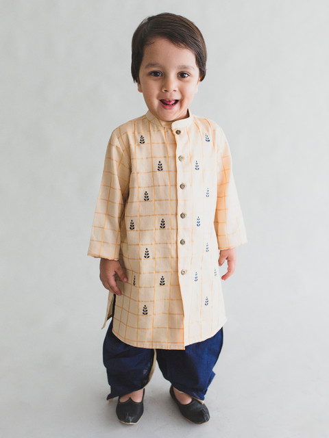 

Tiber Taber Boys Cream-Coloured & Navy Blue Embroidered Kurta with Dhoti Pants