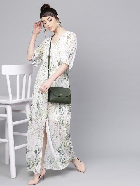 

SASSAFRAS Women Off-White & Green Printed Maxi Dress