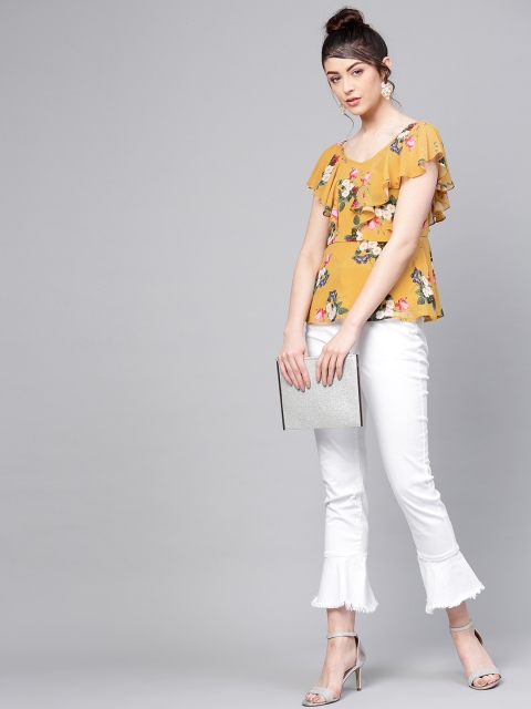 

SASSAFRAS Women Mustard Yellow & Green Printed A-Line Top