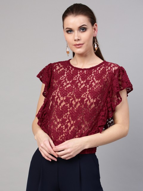 

SASSAFRAS Women Burgundy Lace Sheer Blouson Top