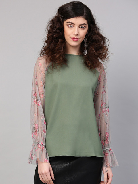 

SASSAFRAS Women Olive Green Solid Top with Printed Detail