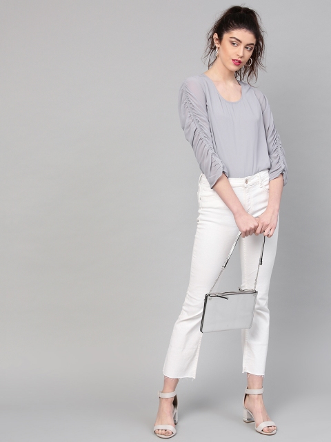 

SASSAFRAS Women Grey Solid Semi-Sheer Cropped Blouson Top