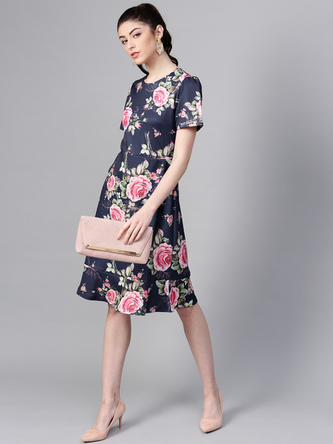 

SASSAFRAS Women Navy Blue & Pink Printed A-Line Dress