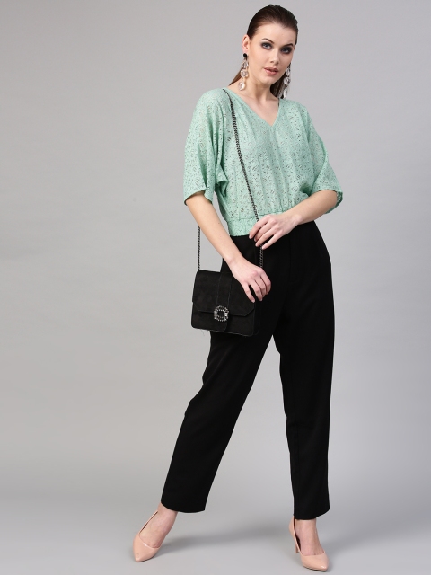 

SASSAFRAS Women Sea Green Lace Semi-Sheer Blouson Top