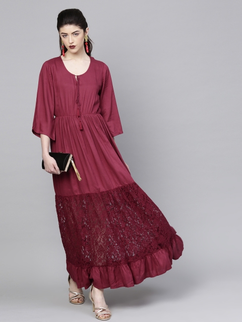 

SASSAFRAS Women Maroon Solid Tiered Maxi Dress