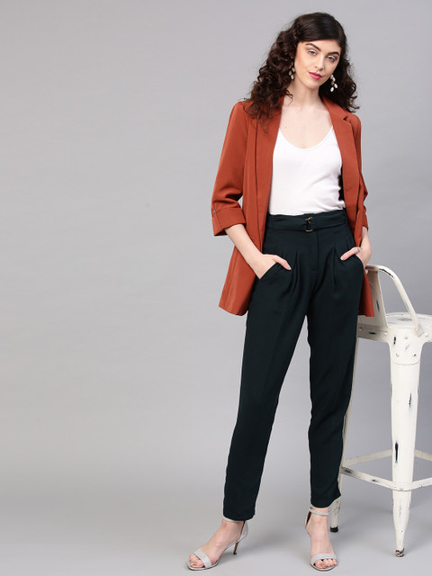 

SASSAFRAS Women Navy Blue Regular Fit Solid Peg Trousers