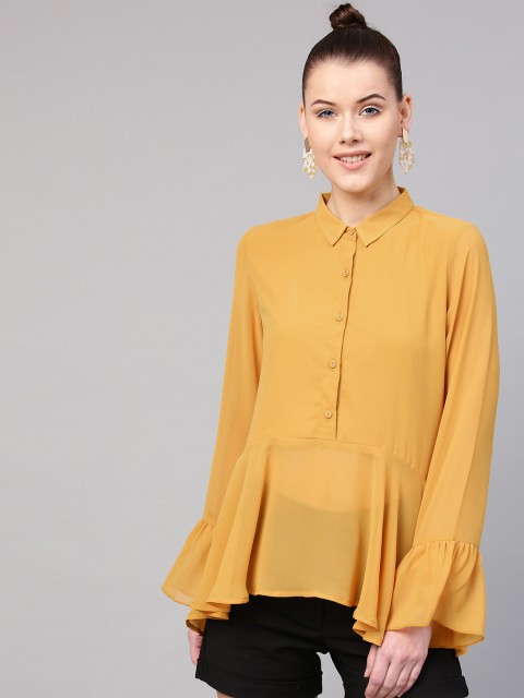 

SASSAFRAS Women Mustard Yellow Semi Sheer Solid Shirt Style Top
