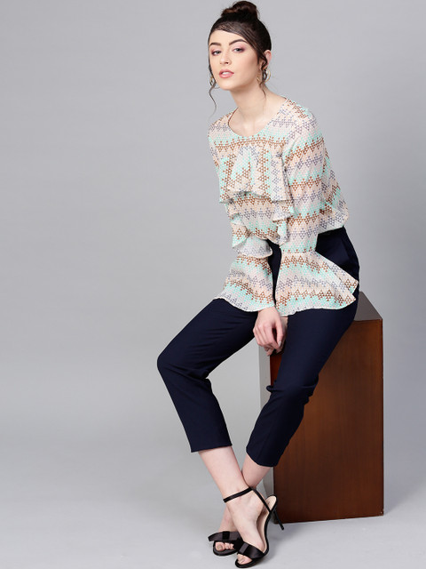 

SASSAFRAS Women Beige & Blue Printed Cropped Blouson Top
