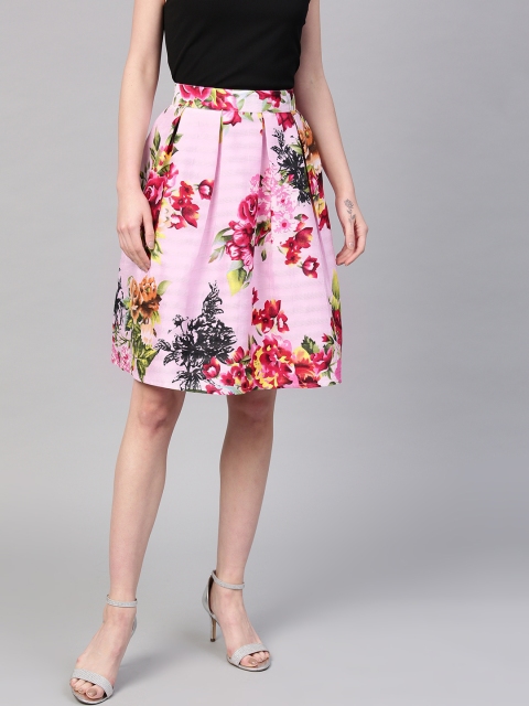 

SASSAFRAS Women Pink & Green Printed A-Line Skirt