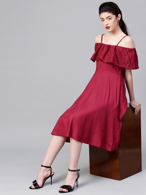 

SASSAFRAS Women Wine-Coloured Solid Midi A-Line Dress, Burgundy