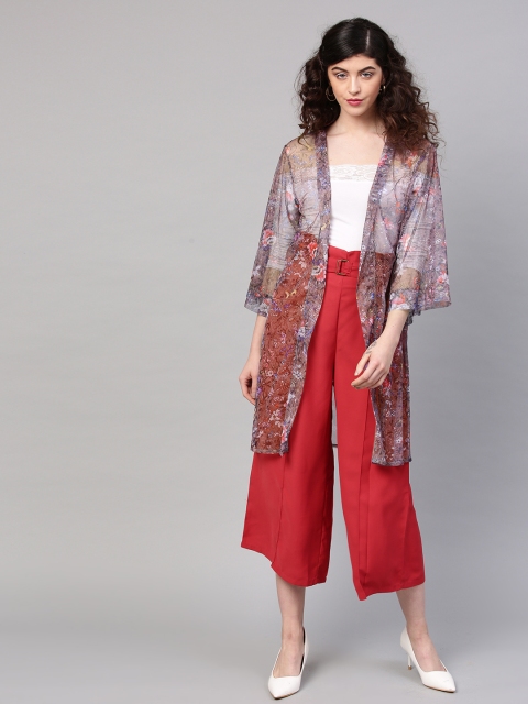 

SASSAFRAS Brown & Pink Floral Print Net Open Front Shrug